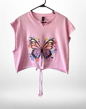 Handmade Butterfly Tie Front Back Pink Crop Tee L Adjustable thumbnail 1