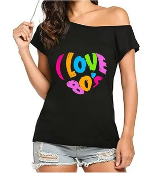 JusinCostume I Love 80s Shirt L 95% Poly‎ Black Off-Shoulder Tee thumbnail 1
