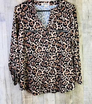 Blue Mood Large Animal Print Button Front Top w/Tabbed Sleeves & Decor Z thumbnail 1