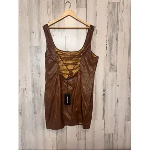PrettyLittleThing Brown Faux Leather Corset Dress US 18 UK 22 Bodycon Mini Lace thumbnail 3
