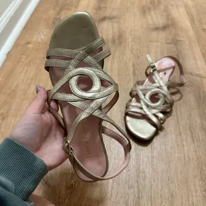 Taryn Rose | Gold‎ Metallic Strappy Low Wedge Slingback Heel Sandal Shoe, 7.5M thumbnail 2