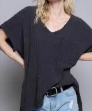 POL Knit V Neck Short Sleeve‎ Pocket Tunic Top Charcoal Gray Size M thumbnail 1