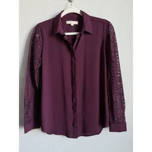 Ann Taylor LOFT Plum Burgundy Lace Sleeve Button Down Blouse Shirt Romantic Goth Witchy S thumbnail 3