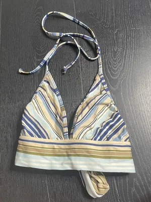 L.E.I. 90s Y2K Swim Top Small Striped Blue‎ White Halter Triangle thumbnail 1