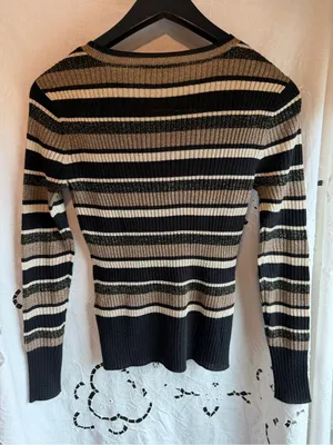 FRAME Metallic Stripe Ribbed Sweater XS Gold Multi Black Wool Blend Crewneck Y2K thumbnail 3
