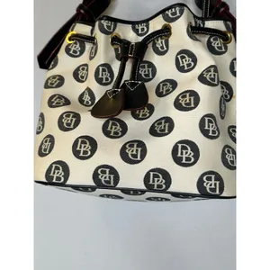 DOONEY & BOURKE Black White DB Monogram Black Leather Drawstring Bucket Bag thumbnail 5
