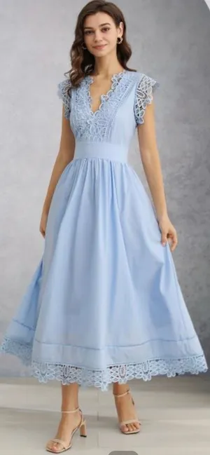 Chicwish V-Neck Lace Panelled Sleeveless Maxi Dress Baby Blue Cottagecore Feminine thumbnail 1