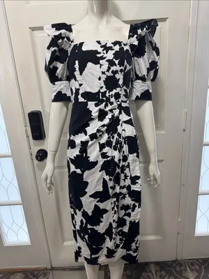 Christopher John Rogers 100% Cotton Black & White Puff-Sleeve Midi Dress Size 4 thumbnail 3
