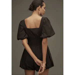 Anthropologie Maeve Puff Sleeve Smocked Romper XS Black Square-Neck Bubble Hem thumbnail 2