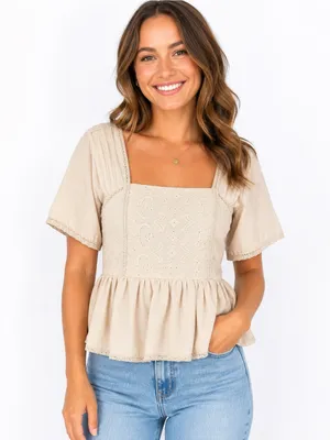 Midnight sky Cream Linen Blend Eyelet Peplum Top S Square Neck Cottagecore Coquette Prairie thumbnail 1