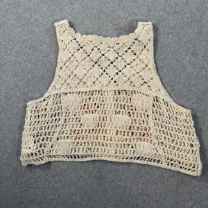 REBELLION again Women's Medium Crochet Vest Beige Sunflower Button Front Boho thumbnail 9