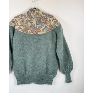 VINTAGE Woof Womens Cardigan Green Floral Folk Tapestry Wool Sweater 90s Large thumbnail 8