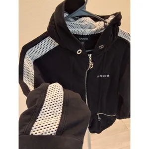 Bebe Short Zip Up Hoodie Y2K Style Womens L Black White Stripe Rhinestone Logo thumbnail 4