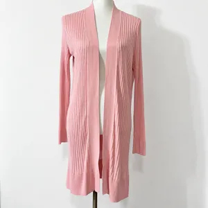 LOFT Cardigan L Pink Ribbed Open Front Duster Longline Sweater Pastel Preppy thumbnail 2
