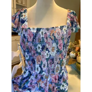 Ekouaer Floral Smocked Jumpsuit XL Purple Pink Wide Leg ruffle NWT cottage boho resort y thumbnail 4