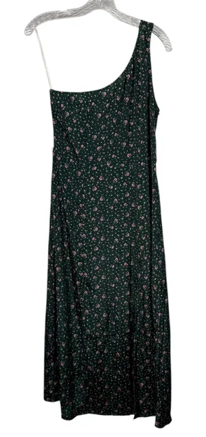 American Eagle Dark Green Pink Ditsy Floral Silky One Shoulder Dress Medium NWT thumbnail 1