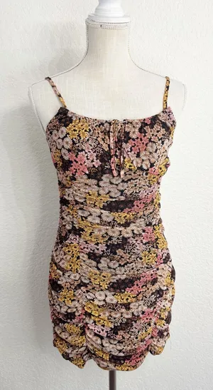 Ultra Flirt Bodycon Mini Dress Small Multicolor Floral Ruched Mesh Tie Front thumbnail 1