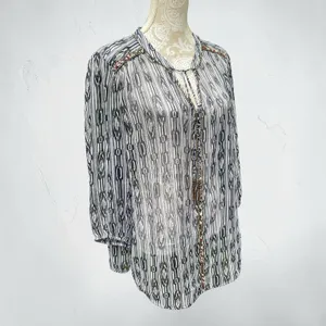 Charter Club Sheer Beaded Tassel Tunic Top XL Coastal Cowgirl Boho Navy White thumbnail 5