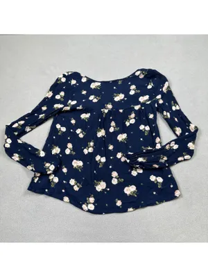 Hollister Women Navy Floral Lace-Up Long Sleeve Babydoll Blouse XS Boho thumbnail 2
