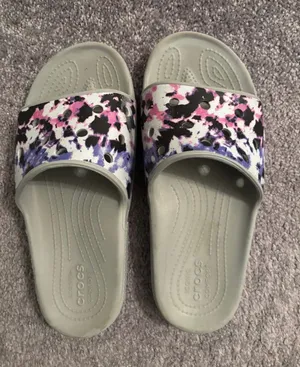 Crocs Women's Slide Sandals in Light Gray with Pink & Purple Print Size 11 thumbnail 1