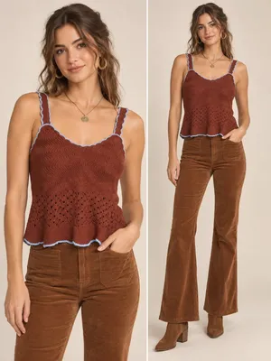 A New Day Crochet Knit Tank Top Brown Blue Trim Camisole XL NWOT thumbnail 2