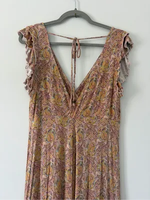 Anthropologie Matilda Pink Yellow Floral Paisley Wide Leg Ruffle Jumpsuit S thumbnail 4