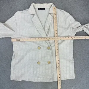 Zara Crinkled Look Slouchy‎ Blazer Tan Medium Linen Blend Double Breasted thumbnail 12