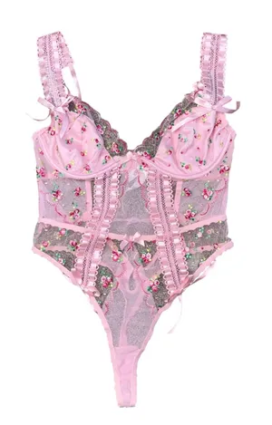 For Love & Lemons Bodysuit Womens Large Pink Excellent Floral Embroidered Lace thumbnail 1