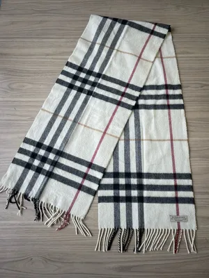 Burberry Cream Plaid Cashmere Scarf with Black and Burgundy Stripes thumbnail 2