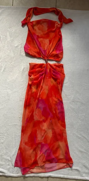 Hello Molly Golden Hour Drinks Midi Dress Orange Size 2 XS Cutout Chain Back thumbnail 1