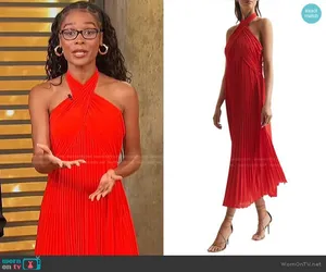 Reiss NWT ROYA HALTER NECK PLEAT Red MIDI DRESS thumbnail 7