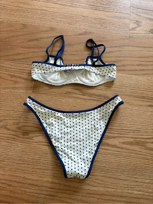 Frankie's Bikinis Polka Dot Two-Piece Bikini Set in Cream and Navy thumbnail 3