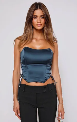 Tiger Mist Satin Gray Lace Up Amity Corset Crop Top thumbnail 7