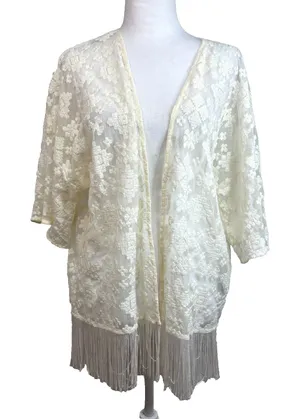Forever 21 Sheer Kimono Cardigan Size‎ S Ivory Embroidered Fringe Boho Festival thumbnail 1