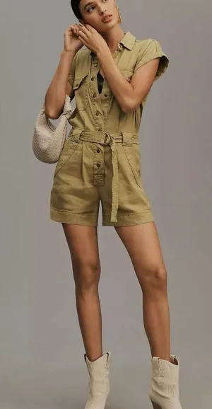 Current/Elliott Olive Utility Belted Romper Shorts thumbnail 1