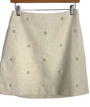LOFT Ivory Tweed Pearl Embellished A-Line Mini Skirt Size 0 Petite thumbnail 1