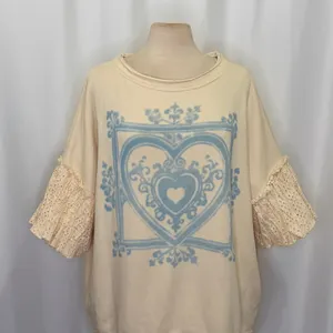 NWT!!‎ FREE PEOPLE Doily Sweatshirt Heart Ivory Blue Eyelet Lace Bohemian Small thumbnail 3