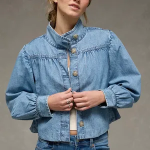 American Eagle Cropped Denim Jacket Women’s Medium Blue Puff Sleeve Button Front NWT thumbnail 1