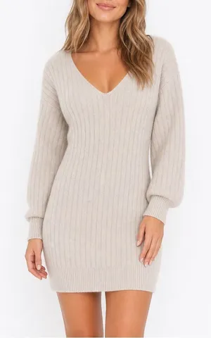 Rouge! Beige Ribbed Knit V-Neck Sweater Dress Long Sleeve Size 8 Oatmeal thumbnail 1