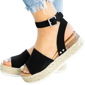 SheIn Black Open Toe Buckle Ankle Strap Espadrilles Flatform Wedge Casual Sandal thumbnail 1