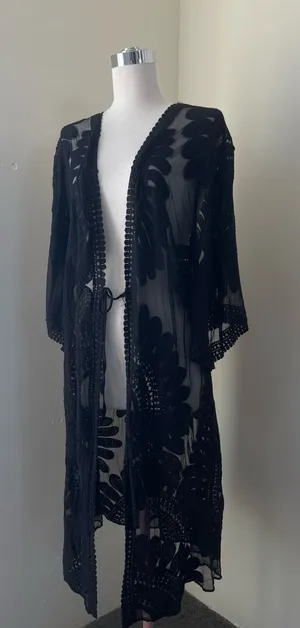 Black Sheer Embroidered Swim Coverup Kimono thumbnail 1