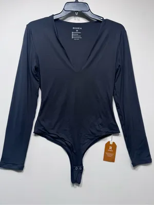 REORIA Plunge Deep V Neck Long Sleeve Bodysuit Double Lined,No-See-Through nwt thumbnail 1