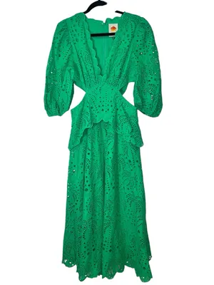 FARM Rio Green Richelieu Cutwork Midi Dress Bright Green Eyelet Cotton Sz M NWT thumbnail 3