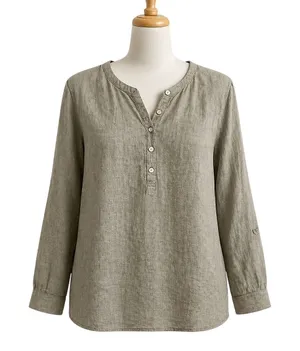 Jones New York Linen Tunic Women Large Olive Green Coastal Boho Henley Roll Tab‎ thumbnail 1