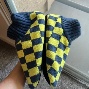 NWT Free People Sleepover Bootie Slippers checker blue/yellow, faux fur interior thumbnail 8