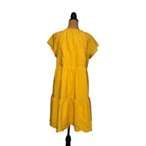 LOFT Yellow Eyelet‎ Tiered Mini Dress Womens Medium Tie Neck Flutter Sleeve thumbnail 5