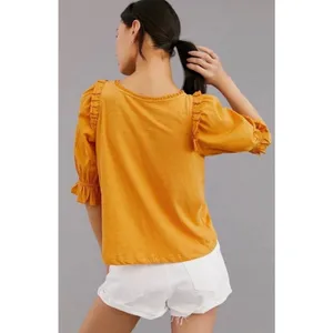 By Anthropologie Mustard Yellow Smocked Peplum Cottagecore Blouse Size Small thumbnail 2