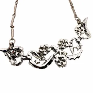 Vintage Blue Rhinestone Floral Leaf Statement Necklace Silver thumbnail 9