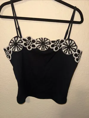 J. Crew Black Camisole with White Lace Floral Trim nwt large thumbnail 2