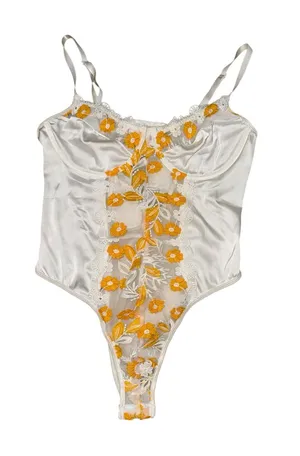 White Satin Floral Embroidered Mesh Snap Bodysuit Yellow Daisy Appliqué size M thumbnail 1